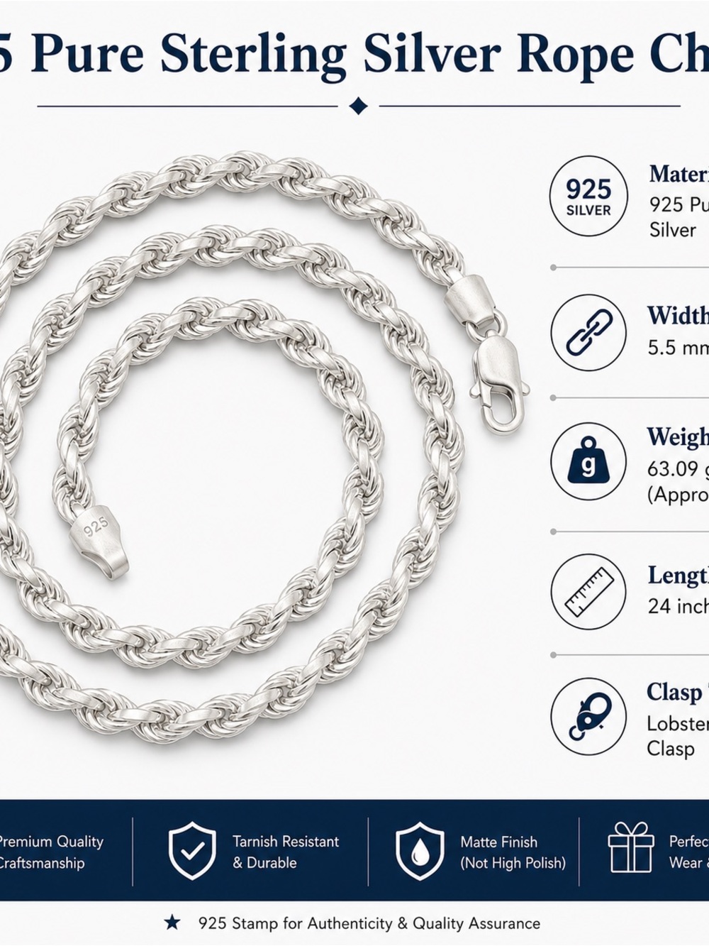 Sterling Silver Rope Chain Necklace - 925 Stamp